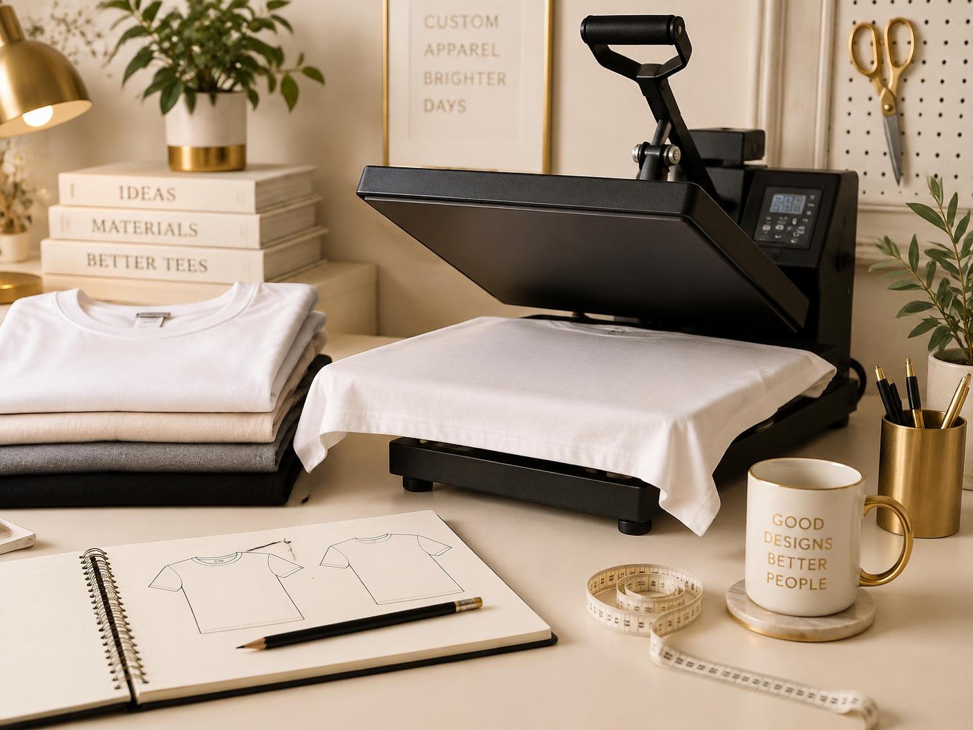 Custom apparel studio with a heat press, blank tees, and design sketches